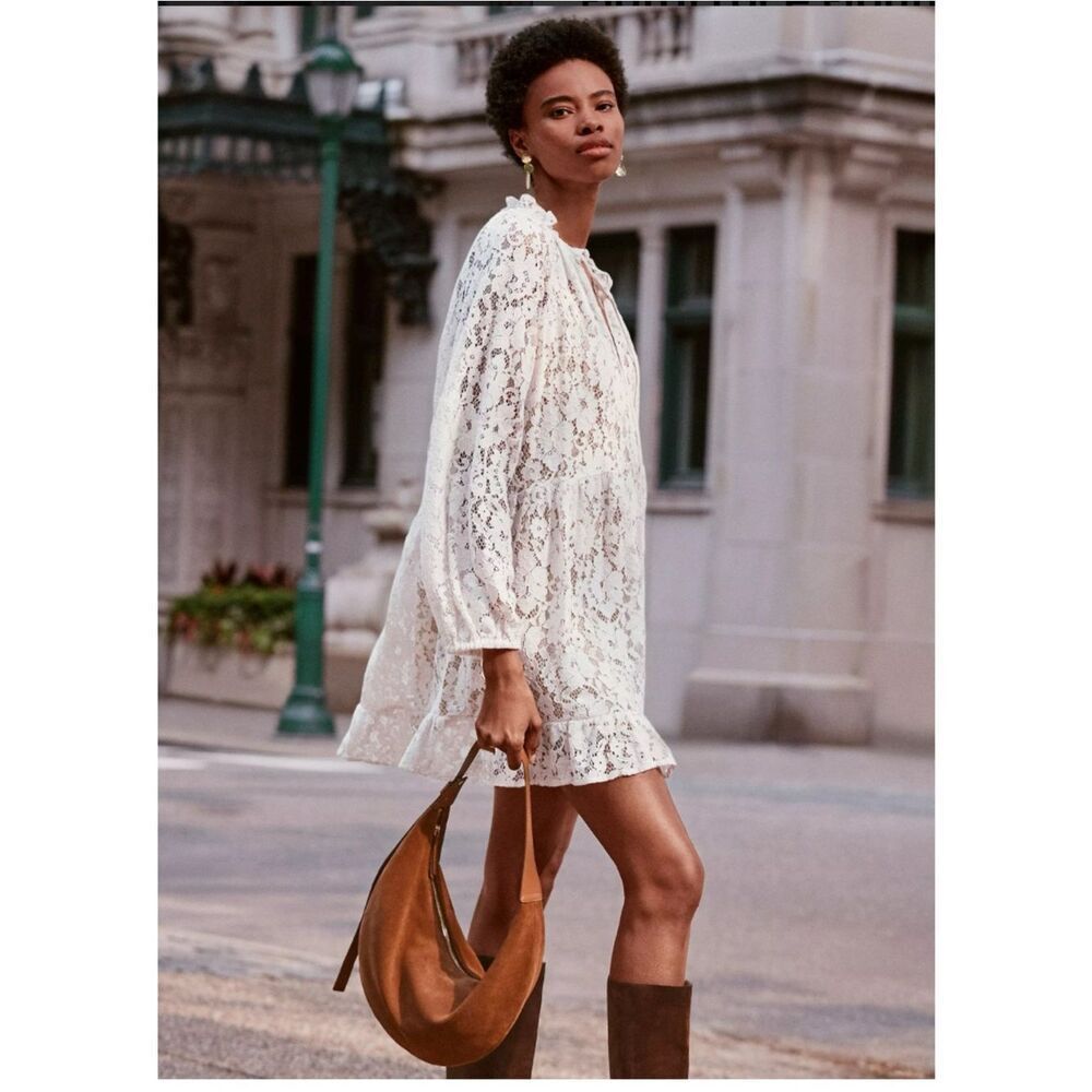 LOFT Floral Lace Tie-Neck Flounce Mini Dress